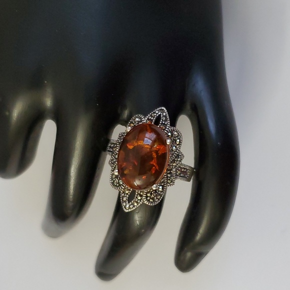 Sterling Silver 925 Amber and Marcasite Nugget Ring - Picture 3 of 10